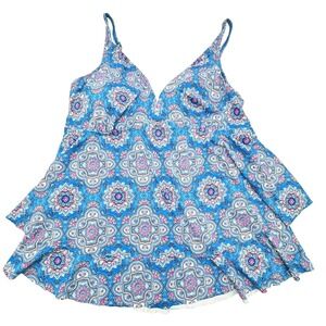 BEACH HOUSE Womens 16 Blue Pink Floral Mandala Swim Tankini Top Underwire Padded